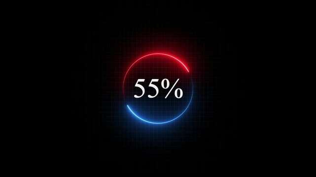 Neon circular progress bar loading animation 55 percent with digital grid background, circle