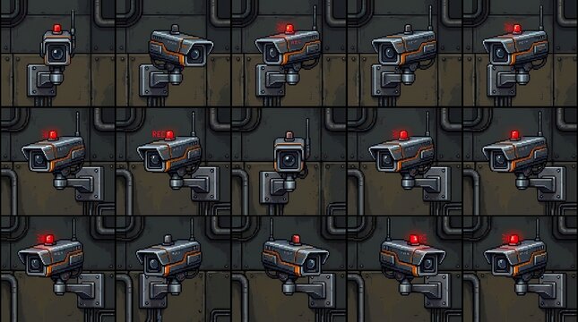 Multiple pixel art security cameras mounted on a dark metal wall