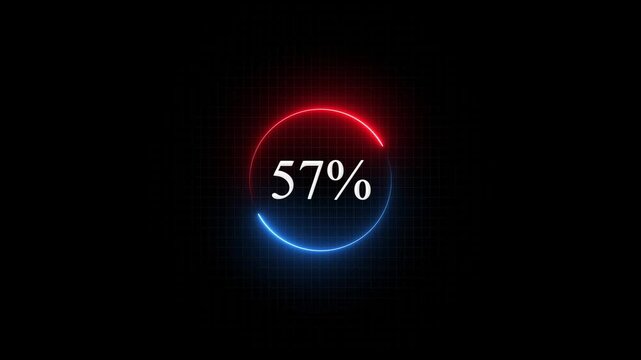 Neon circular loading progress bar animation with 57 percent counter on digital grid background percentage