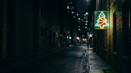 Obraz premium Neon christmas tree sign glowing in a dark urban alleyway at night