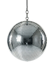 Fototapeta premium Shiny silver disco ball hanging from a metal chain