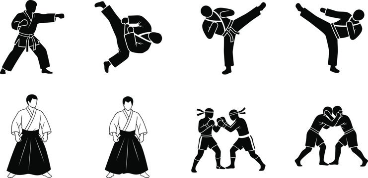 Martial arts silhouettes set featuring karate taekwondo aikido muay thai and wrestling action poses for sports design vector
