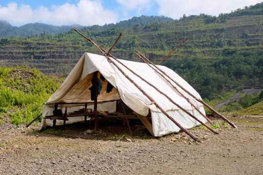 Miners canvas tent camp within Panguna copper and gold mine town in Autonomous Region of Bougainville, Papua New Guinea