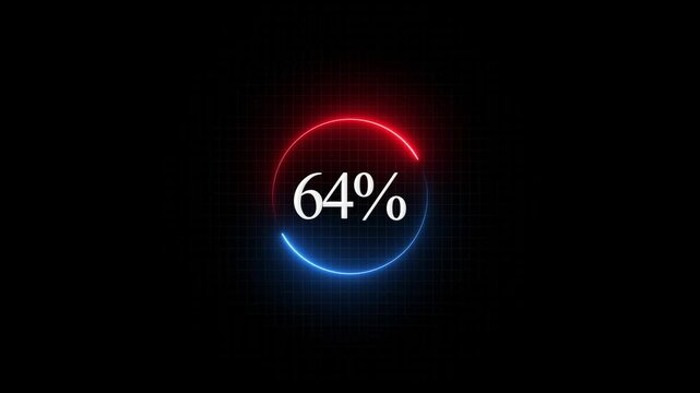 Neon circular loading progress bar animation with 64 percent counter on digital grid background percentage