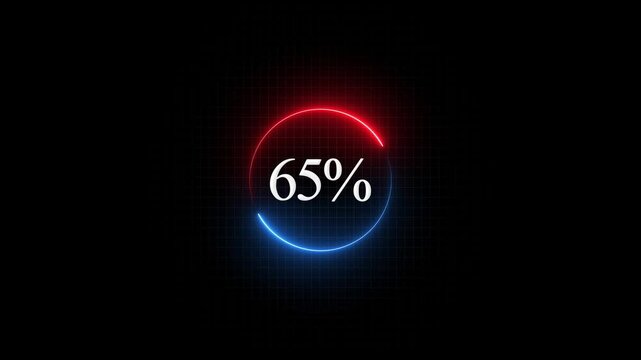 Neon circular progress bar loading animation with 65 percent counter on digital grid background percentage