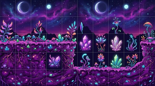 Neon fantasy game assets featuring glowing crystals and magical alien plants