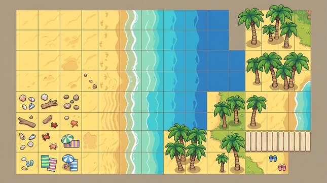 Pixel art beach tileset featuring tropical palm trees and ocean waves
