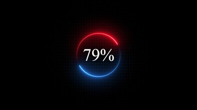Neon circular loading progress bar animation with 79 percent digital counter on grid background circle