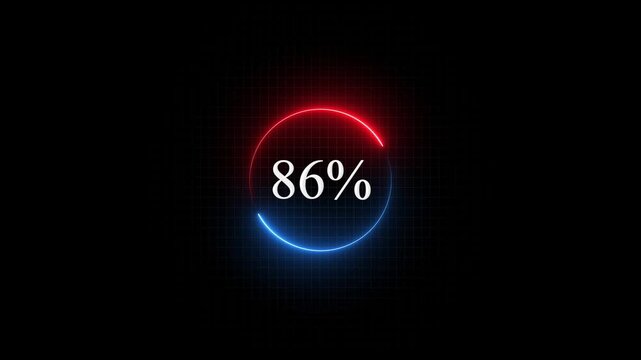 86 percent loading circle progress bar with neon red and blue glowing hud interface animation eighty-six percent