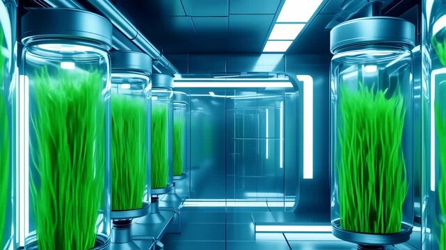Futuristic laboratory with plants in glass jars scientific research.