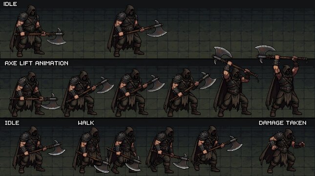 Dark hooded fantasy warrior character sprite sheet for video game animation
