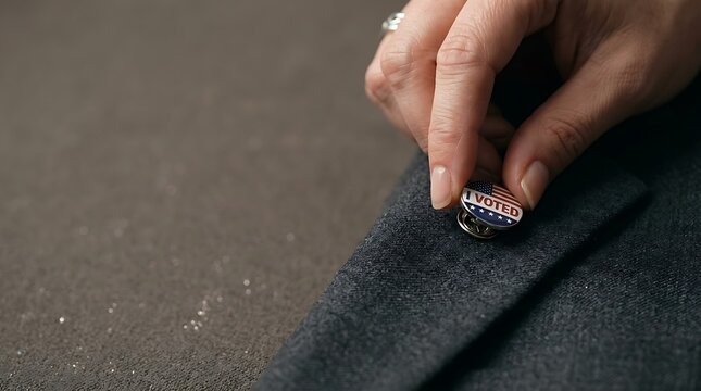 Hand pinning an i voted button onto a charcoal suit jacket