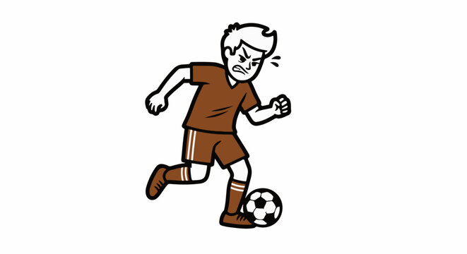 Cartoon soccer player energetically kicking the ball midgame.