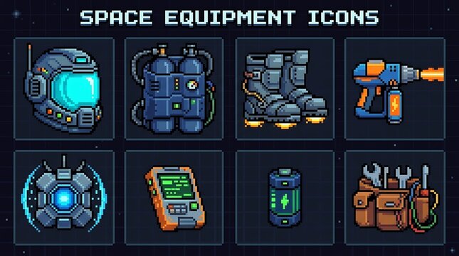 Detailed pixel art set of futuristic space exploration mission equipment icons