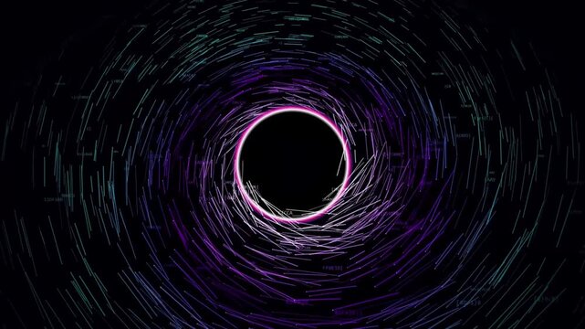 Abstract digital black hole with glowing purple and cyan light streaks and data code particles
