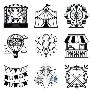 Collection of Carnival and Festival Icons in Black and White.