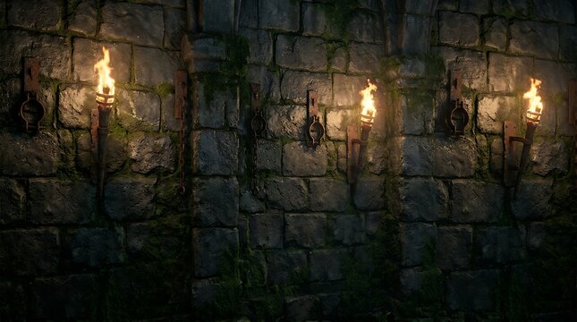 Glowing orange torches mounted on a dark ancient stone wall surface