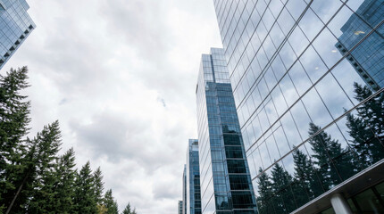 Obraz premium Pollution smog air urban city skyscraper office building glass. toxic smoke carbon emission. city fog, environmental climate health