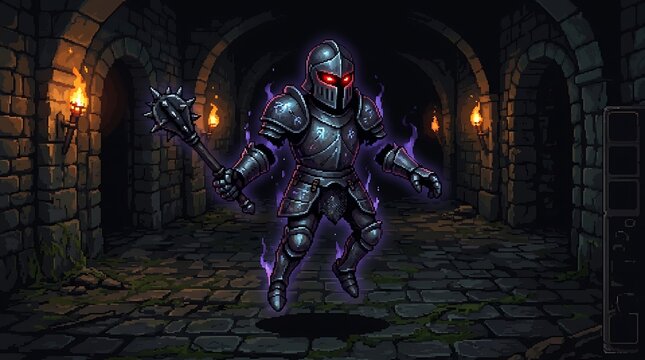 Dark armored knight holding a spiked mace inside stone dungeon
