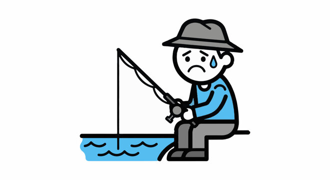 Sad cartoon character fishing on small boat alone.