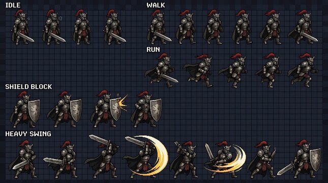Pixel art knight character sprite sheet for side scrolling video games