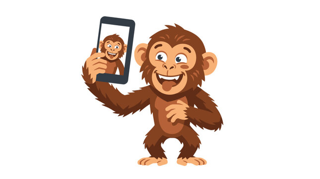 Cute monkey cartoon character taking a selfie on smartphone