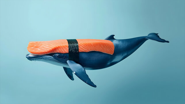 Creative surrealistic illustration of a blue whale swimming with a fresh salmon fillet and seaweed wrap on its back like a sushi nigiri, conceptualizing overfishing and ocean conservation for World Oc