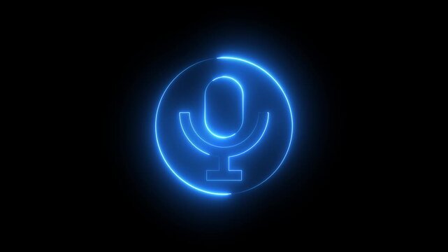 Neon microphone sign icon animation glowing blue color audio voice record studio streaming audience music talk show sign symbol on black background