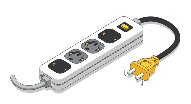 Isometric illustration of a white power strip with three electrical outlets and a yellow plug, ready for connection.
