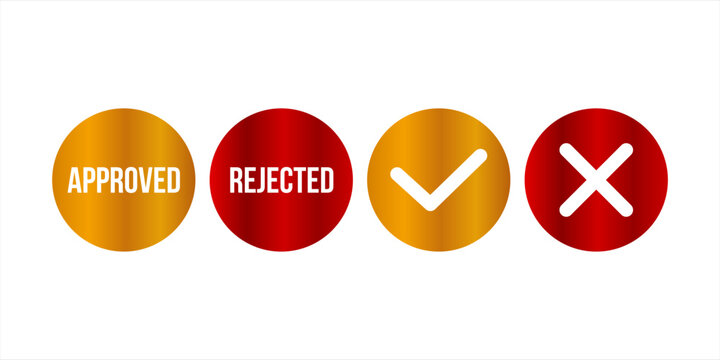 Approved and Rejected Badge Icons with Checkmark and Cross Symbols for Validation, Quality Control, UI Design and Business Use