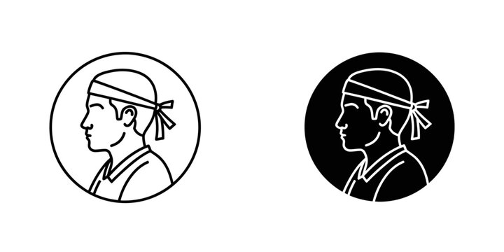 Headshot icon of a man wearing a bandana in circular frame with headshot character illustration