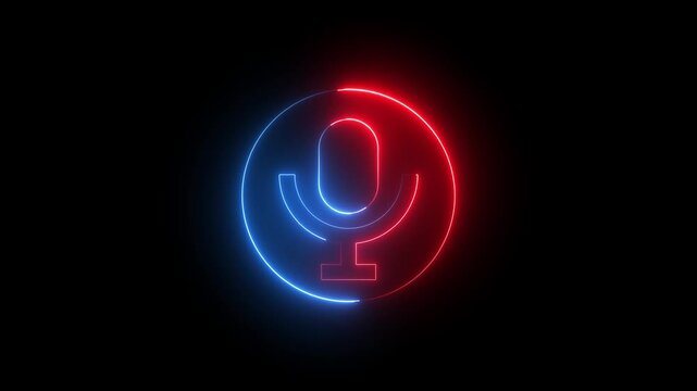Neon microphone sign icon animation glowing red and blue color audio voice record studio streaming audience music talk show sign symbol on black background