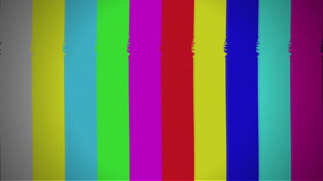 Retro television color bars test pattern with analog signal glitch and scanline distortion