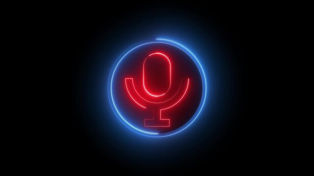 Neon microphone sign icon animation glowing red and blue color audio voice record studio streaming audience music talk show sign symbol on black background
