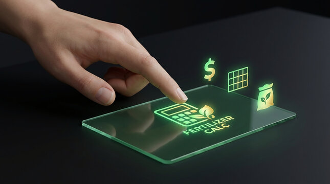 Hand using a futuristic fertilizer calculator app on a transparent glass interface for smart farming and precision agriculture optimization tech.