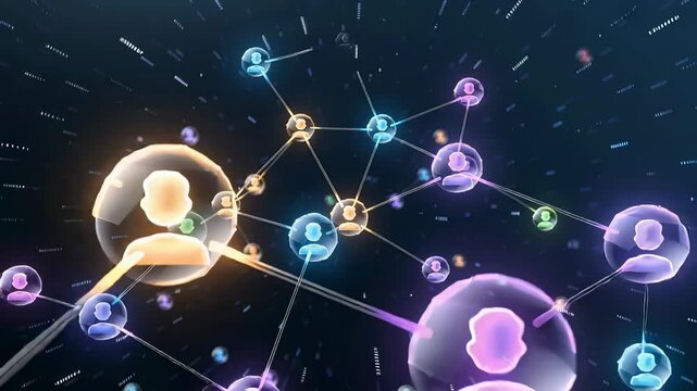 Social network connecting people in a digital metaverse, representing global communication technology, data sharing, and worldwide community in a futuristic web of profiles