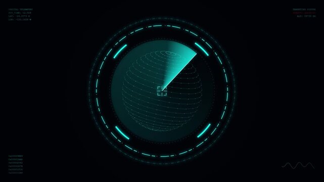 Futuristic digital radar screen with scanning beam and globe wireframe interface
