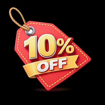 Bright red sale tag with 10 percent discount offer on black background minimal design