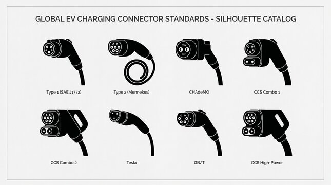 Global EV connector silhouettes in clean grid, bold black outlines, versatile icons for technology, transport, energy, and sustainability branding.