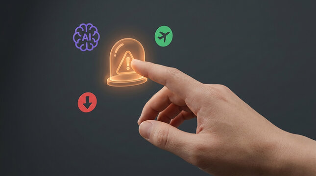 Hand Pointing to Glowing Alert Icon Representing Risk Management, Artificial Intelligence Safety, Aviation Warnings and Digital Security Concepts