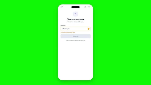 3D smartphone onboarding app choosing username with availability check animation on green screen