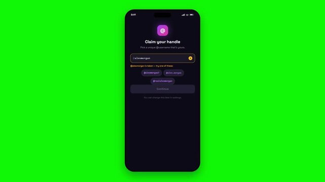 3D smartphone dark mode app claiming username handle with availability animation on green screen