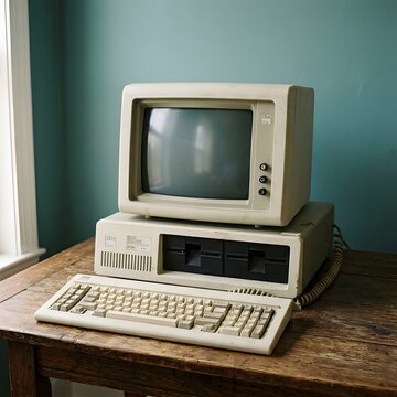 Vintage IBM computer, keyboard, and monitor on a wooden desk, retro technology