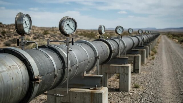 Insulated highpressure slurry pipeline with pressure gauges displayed along a straight run emphasizing industrial flow monitoring and robust material transport