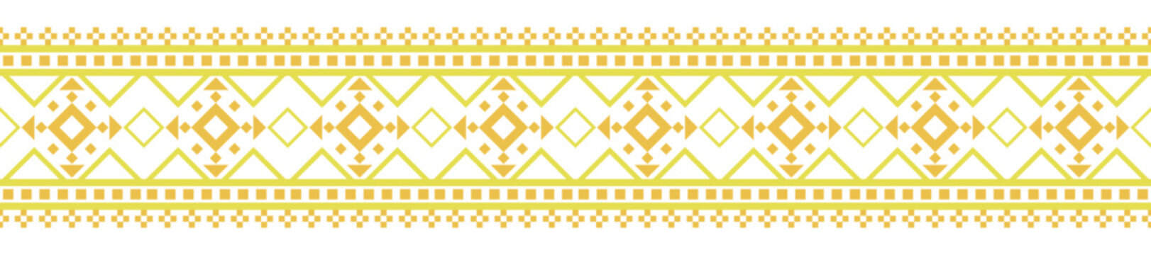 Decorative seamless border pattern with geometric diamond motifs and ethnic-inspired ornaments in golden yellow. Perfect for textile prints, wallpaper borders, packaging, and craft projects.