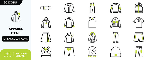 Clothing Apparel Line Icons Set with Fashion Wear. © Villuiq