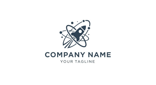 a logo with a rocket and atom.