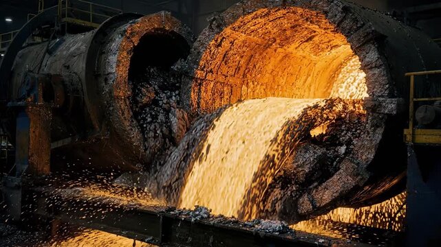 Medium shot of molten zinc dross being processed in a rotating furnace showcasing intense heat and metal recovery in a hightemperature industrial setting