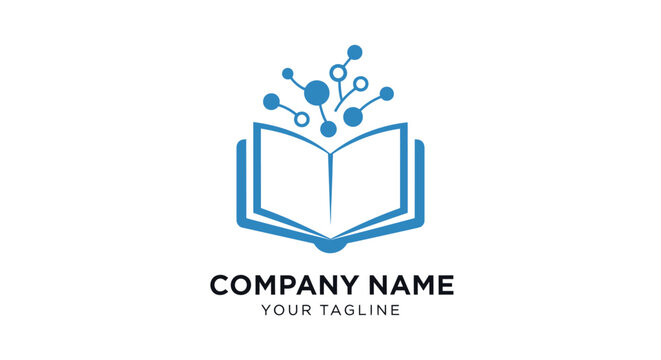 A blue logo of an open book with sprouting circuits and placeholder text.