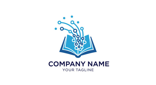 A blue logo with an open book and circuit design for a company.